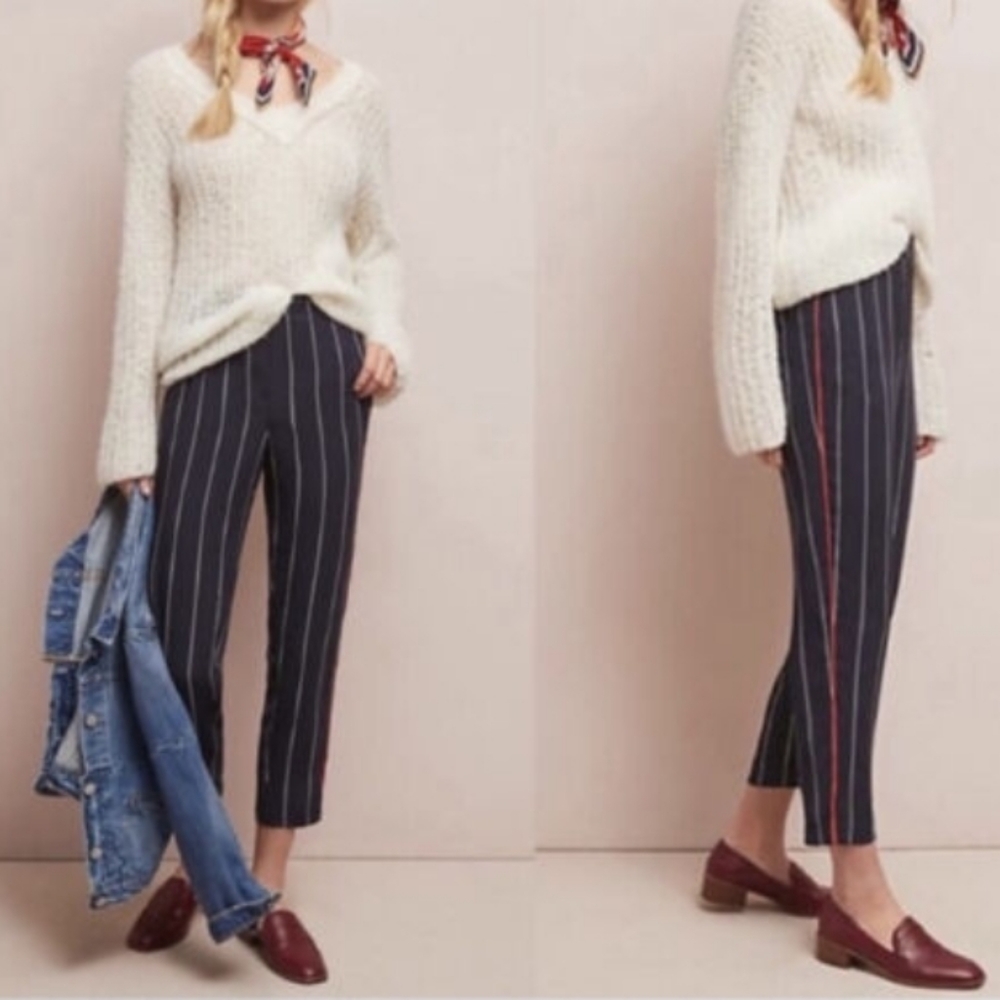 Anthropologie Navy Blue/White Stripe Pants With Red sides. S